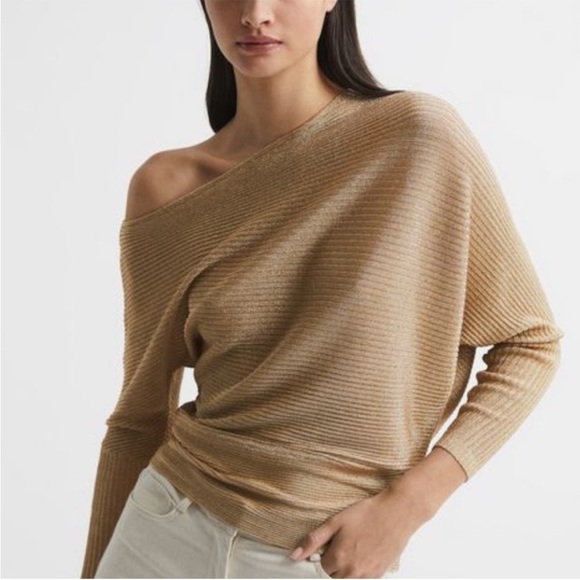 Reiss Tan Gold Louisa Off-the-Shoulder Sweater Top - Picture 1 of 9